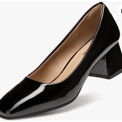 NEW Heel The World Women's Pumps,Low Chunky Block Heels,Square Toe Patent Women Dress Shoes for Party Office (Size 6 black)