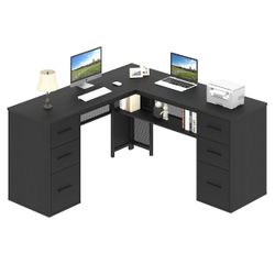Black L Shaped Desk with File Drawers Shelves, Reversible Corner Metal Wood Computer Desk with Storage Cabinet, Modern Large Executive Work