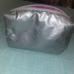 Strivectin Cosmetic Makeup Bag Travel Silver & Pink Inside Solid Shape