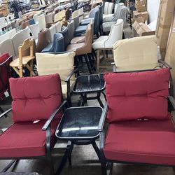 3 Piece Patio Rocking Bistro Set, Glass-Top Coffee Table and Black Steel Chairs with Thick Cushions Wine Red/Beige($150 a set )