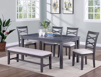 NEW Grey Dining room Table Chair and Bench Set 6 Piece Modern Contemporary Kitchen Home Wood Discount Furniture Warehouse Solid BIG Clearance SALE 