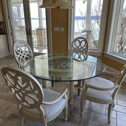 Kitchen/Dining Round Beveled Glass Table With Four Wooden Chairs
