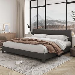 Dark Gray Fabric King Size Platform Bed Frame
