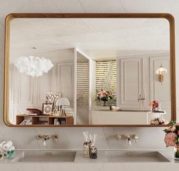 LOAAO 60X30 Inch Bathroom Mirror With Wood Grain Colored Metal Frame