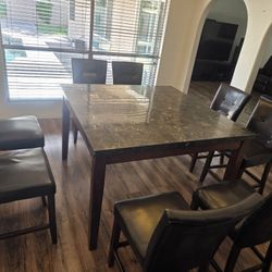 Dinning Table Marble & 8 Leather Chairs 