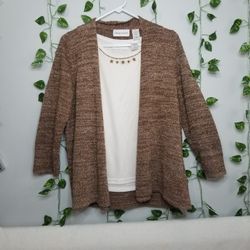 Alfred Dunner Brown Marled Open Front Cardigan 3/4 Sleeve Twin Set Beaded Med