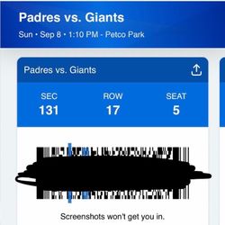 Padres Giants Today 9/8 Section 131 $25