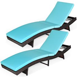 NEW Tangkula Folding Chaise Loungers – Set of 2 with Turquoise Cushions