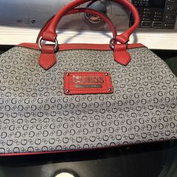 GUESS Vintage Monogram Satchel (Red Trim, Logo Plaque “Est. 1981”)