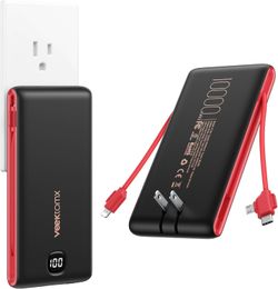 VEEKTOMX Portable Charger with Built-in Cables and AC Wall Plug, 10000mAh