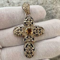 Sterling Silver And 18k Gold BJC Designer Citrine Cross Pendant 