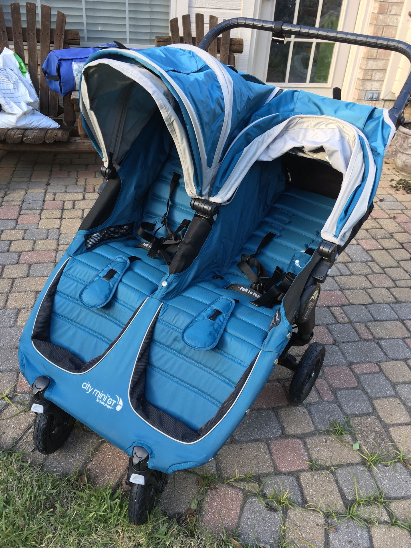 Baby Jogger City Mini GT Double Stroller in Teal & Grey with City Go / Graco car seat adapter