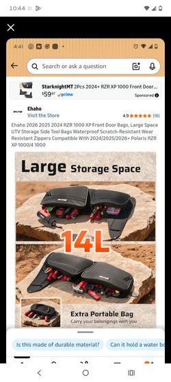 2024-2026+ RZR 1000 XP Front Door Bags, Large Space UTV Storage Side Bag