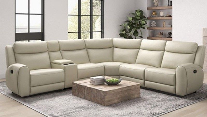 Brand New Beige Top Grain Leather Reclining Sectional Sofa 