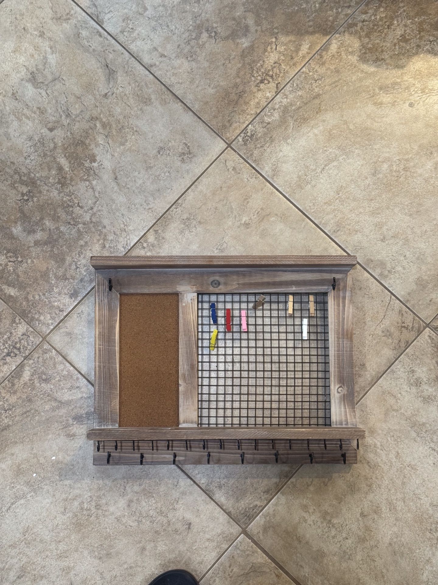 Rustic Wood Wall Organizer with Hooks & Corkboard