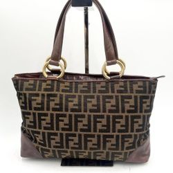 FENDI Hand Bag Tote Purse FF Zucca Canvas Leather Brown