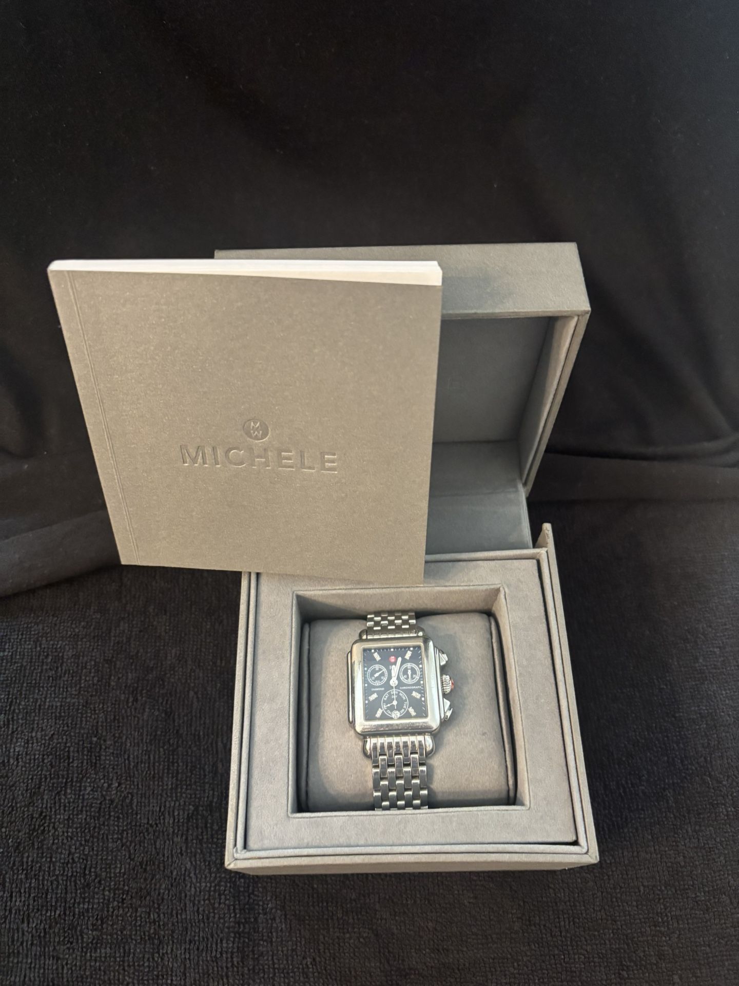 Michele Silver Watch With Black Face And Diamonds