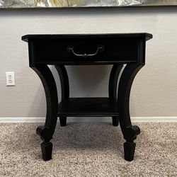 STANLEY Solid Wood Black Two Tier End Table With Storage Drawer And Shelf