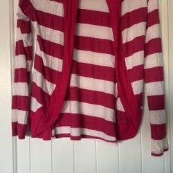 Pink & Cream Striped Open-Front Cardigan with Draped Collar – Lightweight Long Sleeve Small