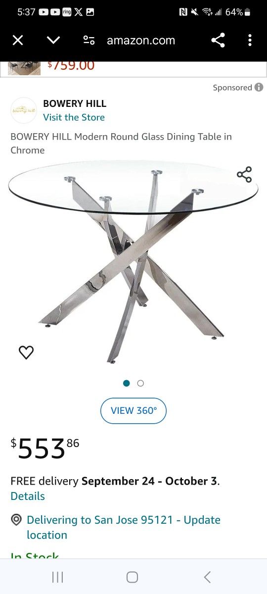 Dining Table Modern Elegant Style, Tempered Glass, Stainless Steel Frame Legs, Retail Table $600, Excellent Condition Like New