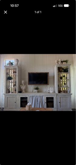 White Distressed Wood Entertainment Center Wall Unit