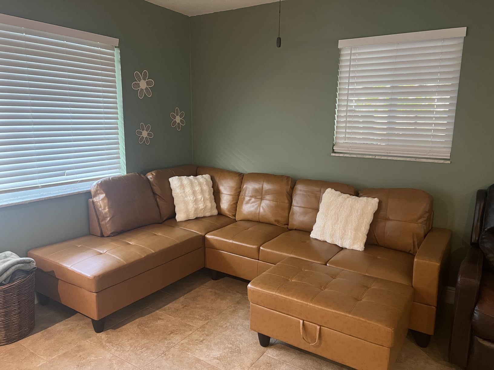 Caramel Leather Sectional Couch Set And Ottoman