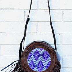 New Hand Crafted Leather Tooled +Textile  Crossbody Shoulder Bag Brown Round
