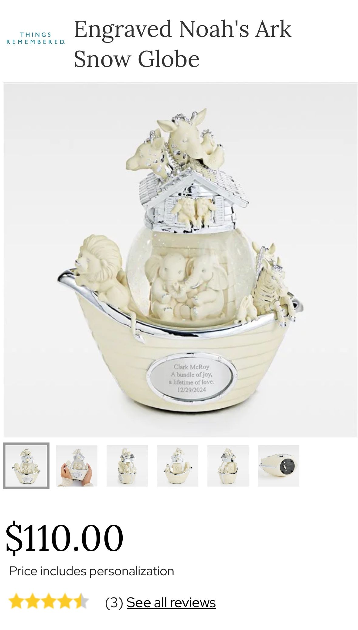 Things Remembered -Noah's Ark Snow Globe