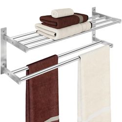 Towel Racks For Bathroom 24 Inch, 2 Tier Bathroom Shelf With Double Towel Bar, Stainless Steel Wall Mounted Towel Rack With Shelf For Bathroom Towels 