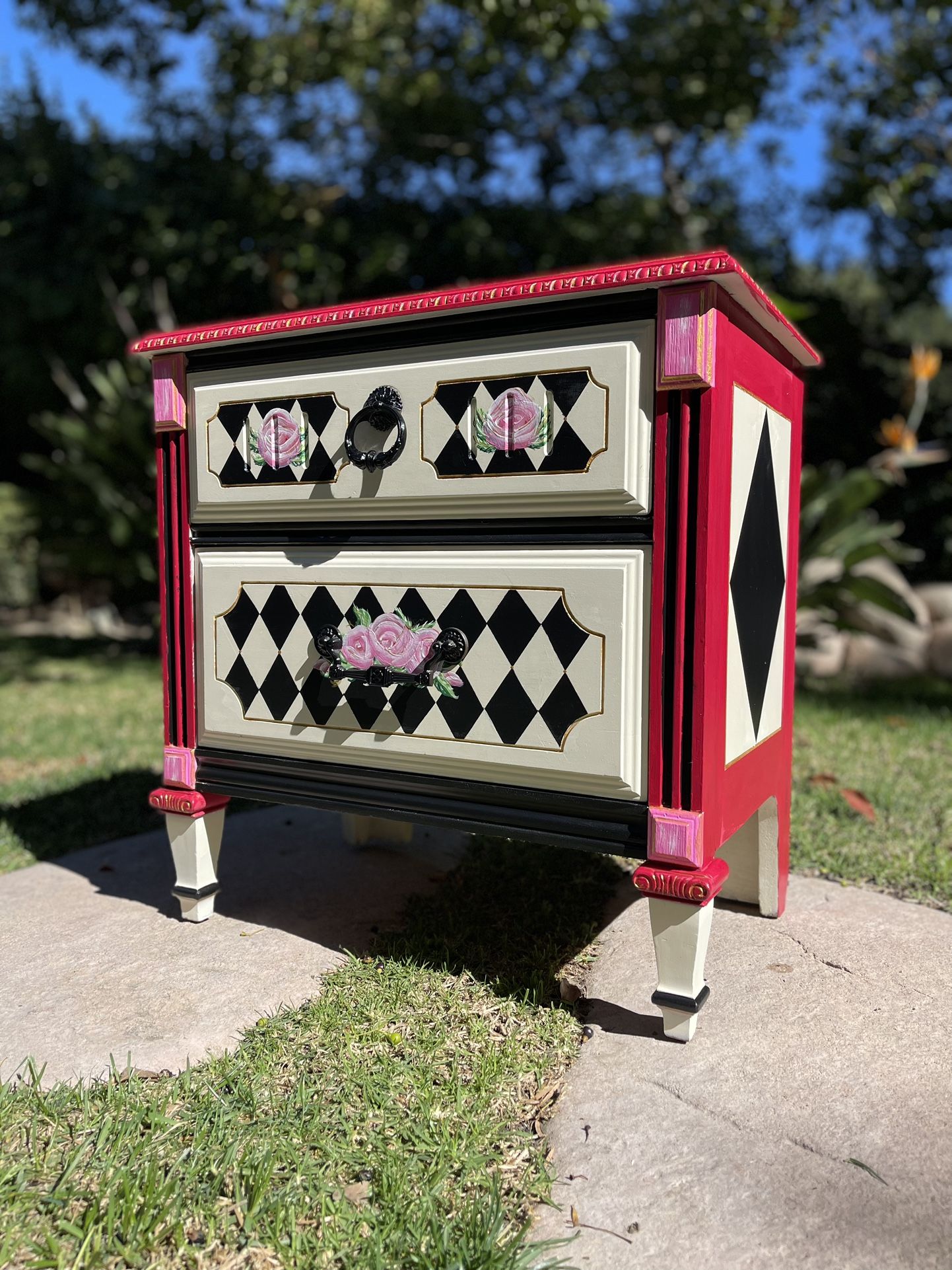 Hand Painted Wine Checkered Nightstand