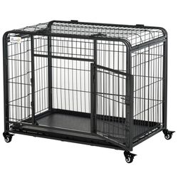 PawHut Folding Design Metal Dog Crate/Heavy Duty Kennel w/Removable Tray & 4 Locking Wheels