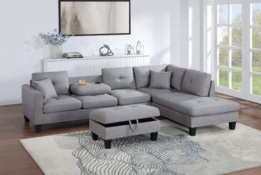 3-Piece Sectional Set 3pc Sectional Sofa W/ Storage Ottoman-Taupe Grey