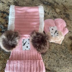 3 Piece Children Winter Hat Scarf Gloves Set, Bobble Beanie Hat Boys Gloves Round Scarf Set for 1-5 Years,  pink