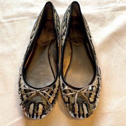 Coach 7 Flats Black and Silver Sequin with Bow 