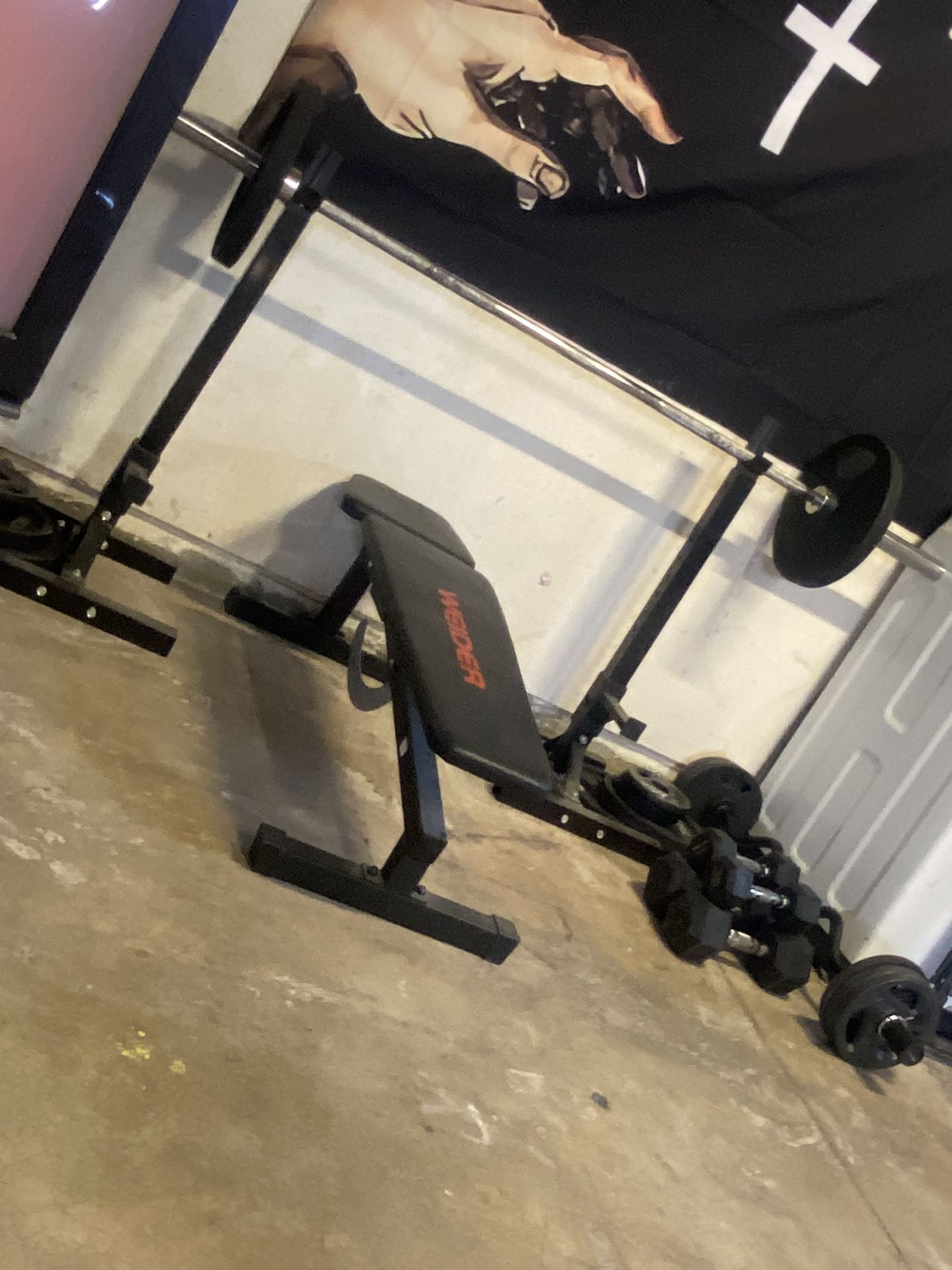Weight Set All Cast Iron Dumbbells & Curl BarIncluded Plus Bench &rack