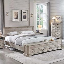 Farmhouse Bed Frame w/ Headboard & Storage Bench, Wood Platform Bed - Light Rustic Oak - King  The overall design style of the bed favors a retro mini