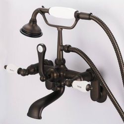 Water Creation Tub Faucet with Labeled Porcelain Lever Handles and Handshower
