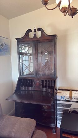 Antique Walnut Serpentine Secretary Desk Chippendale Style Bookcase