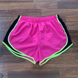 Women's Nike Dri-FIT Pink Yellow Black Lined Shorts Swoosh Size Large 