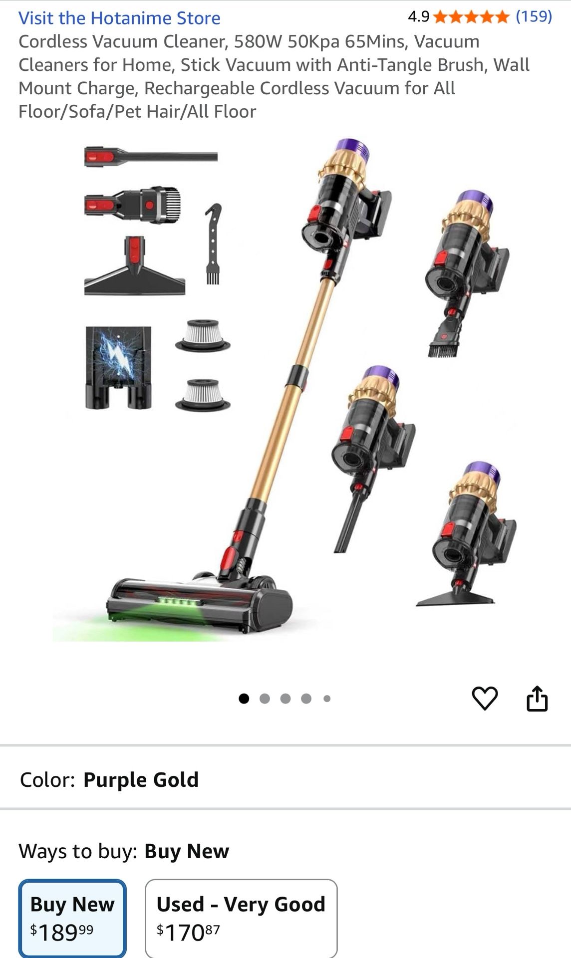 Cordless Vacuum Cleaner, 580W 50Kpa 65Mins, Vacuum Cleaners for Home, Stick Vacuum with Anti-Tangle Brush, Wall Mount Charge, Rechargeable Cordless Va