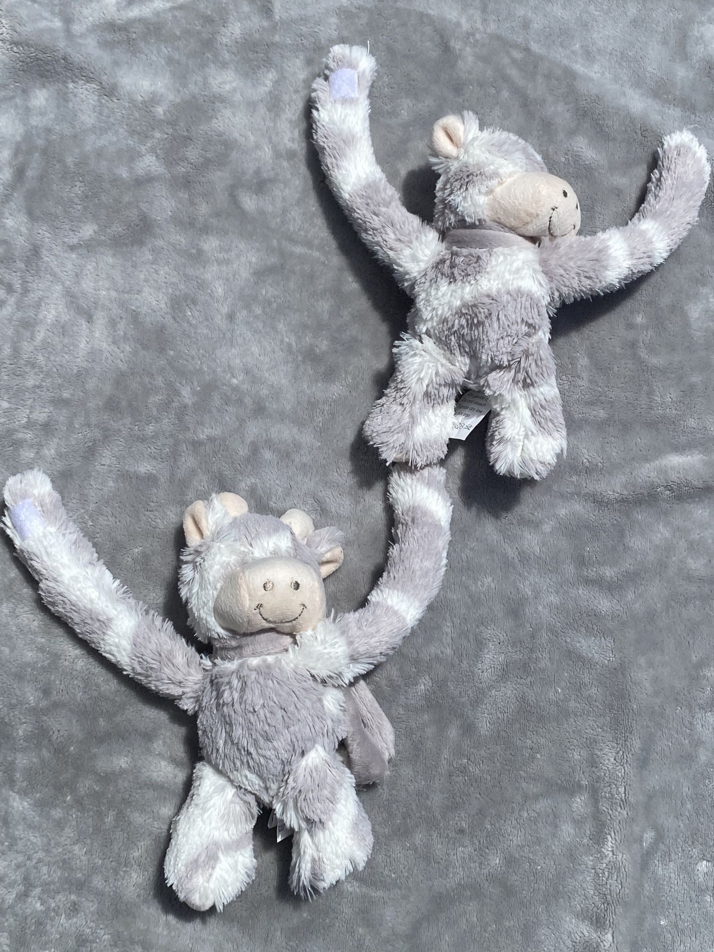 Monkey giraffe grey white plush stuffed animal Velcro arms soft lot of 2