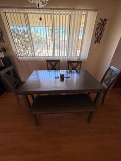 Gray Wood Dining Table Set with Chairs and Bench