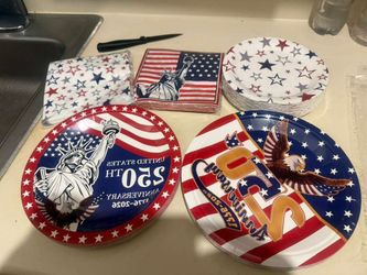 4th of July Party Supplies Set for 50 Guests, 250th Anniversary Patriotic Plates and Napkins Kit for Independence Day Celebration Red White Blue Decor