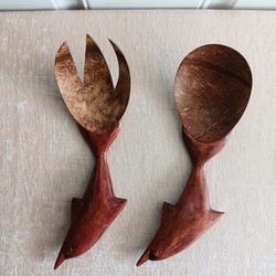 Coconut & Wood Dolphin Serving Utensils, Vintage Dolphin Salad Servers, Wooden Fork and Spoon Set
