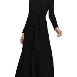 Womens Long Sweater Pleated Knitted Fit and Flare Long Sleeve Winter Dress