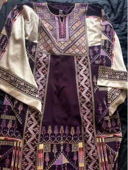Embroidered Palestinian Thobe Purple & Cream Long Tunic Dress