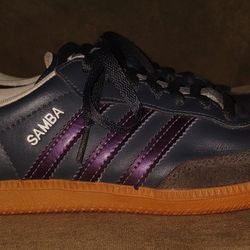 Rare! Adidas Navy W/Purple Stripes Suede Samba Shoes W/Gum Sole Men's 8.5