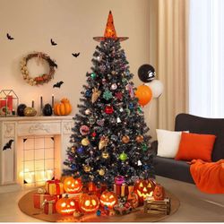 6ft Pre-lit Halloween Black Spruce Artificial Hinged Christmas Pine Tree Prelighted, Black T-7