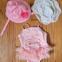 6 Month Pink Bathing Suite And 2 Sun Hats