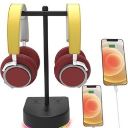 RGB Dual Headphone Stand with USB Charging Port, Desk Gaming Double Headset Holder